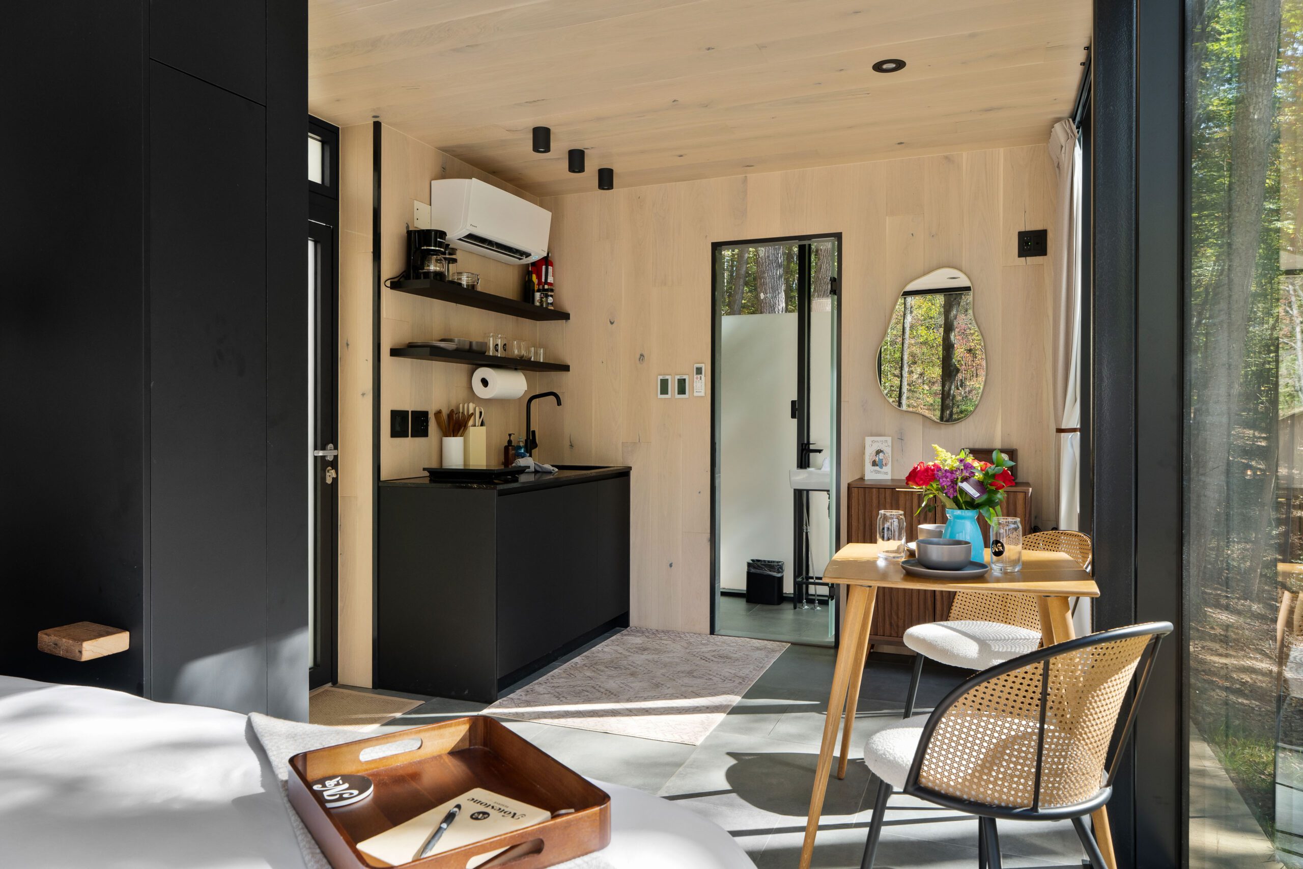 Muir mirror home open interior — bed, kitchenette and forest glass, Hocking Hills Ohio